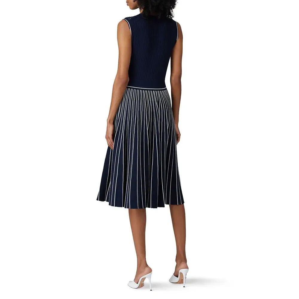 Tory Burch Navy Blue Sleeveless Pleated Knit Crewneck Midi Sweater Dress Size XS